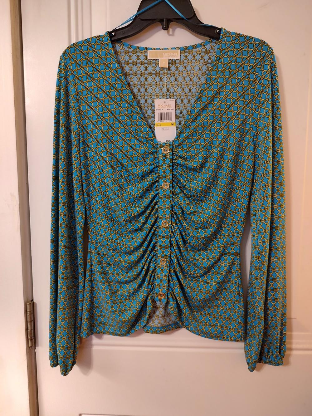 Michael Kors Teal & Mustard Geometric Ruched Button-Front Long Sleeve Blouse